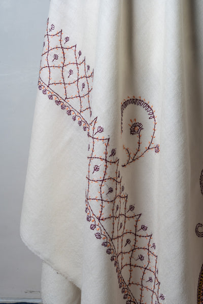 Ivory Garden Vine – Sozni Hand Embroidered Merino Wool Shawl