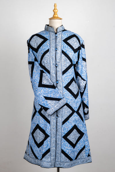Aari Embroidered Long Jacket in Sky Blue Maze