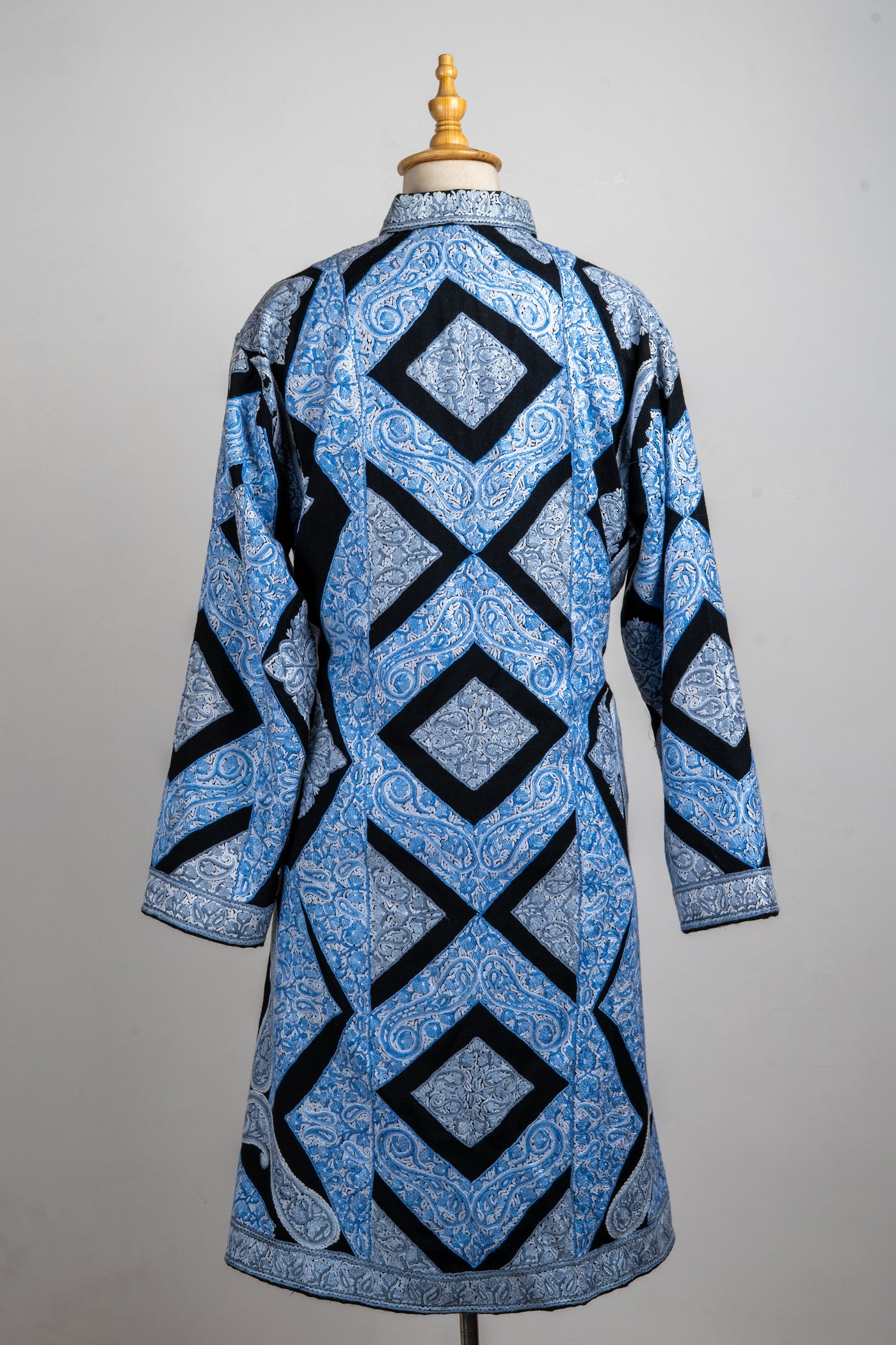 Aari Embroidered Long Jacket in Sky Blue Maze