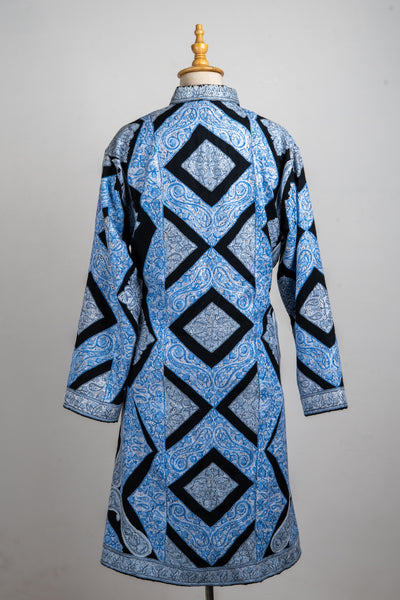 Aari Embroidered Long Jacket in Sky Blue Maze
