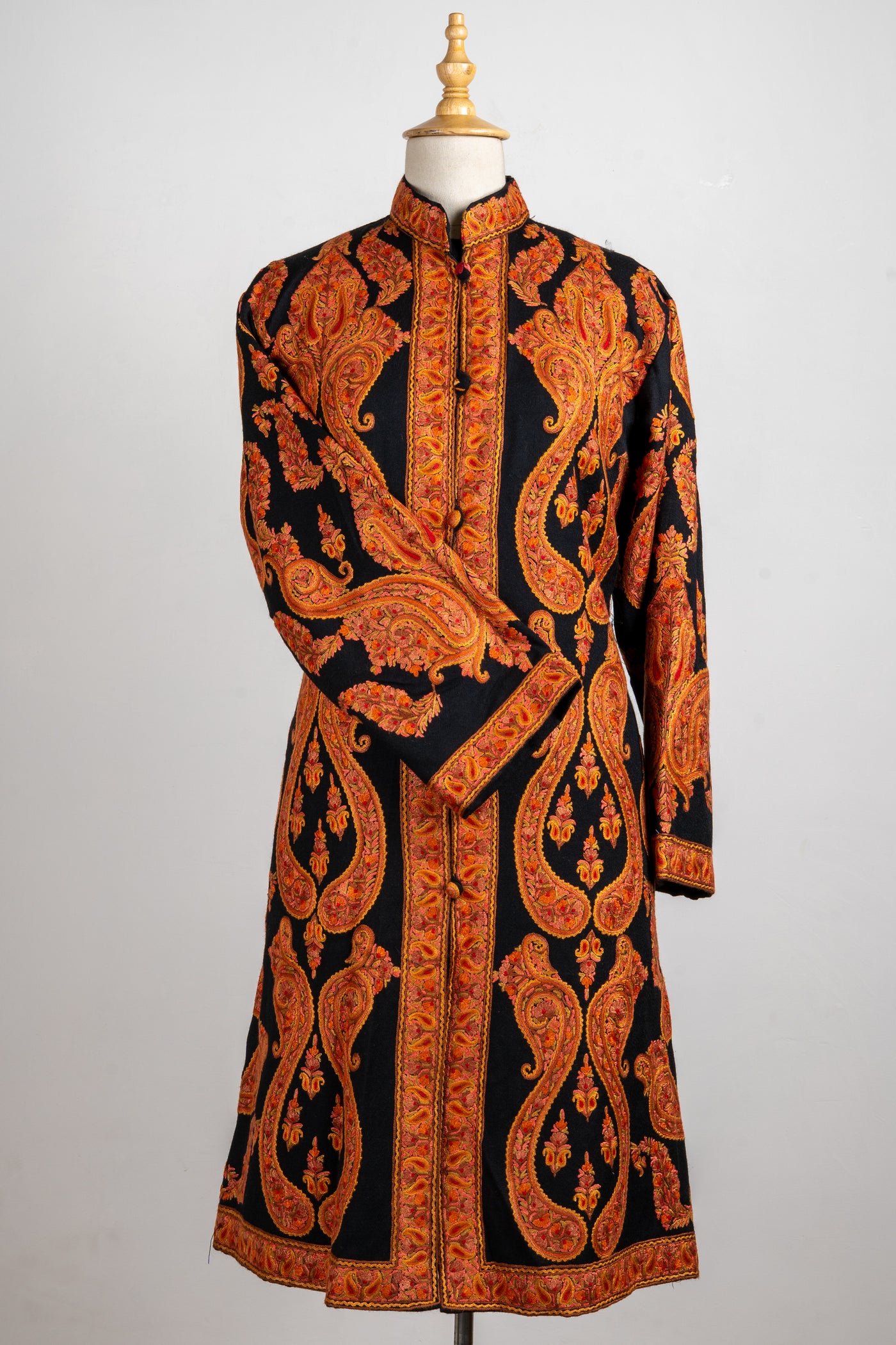Flame Royale – Aari Hand-Embroidered Long Jacket in Pure Wool