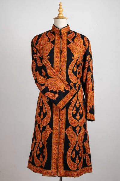 Flame Royale – Aari Hand-Embroidered Long Jacket in Pure Wool