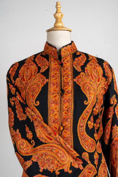 Flame Royale – Aari Hand-Embroidered Long Jacket in Pure Wool