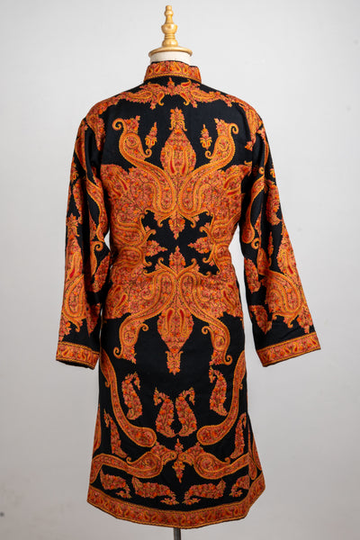 Flame Royale – Aari Hand-Embroidered Long Jacket in Pure Wool