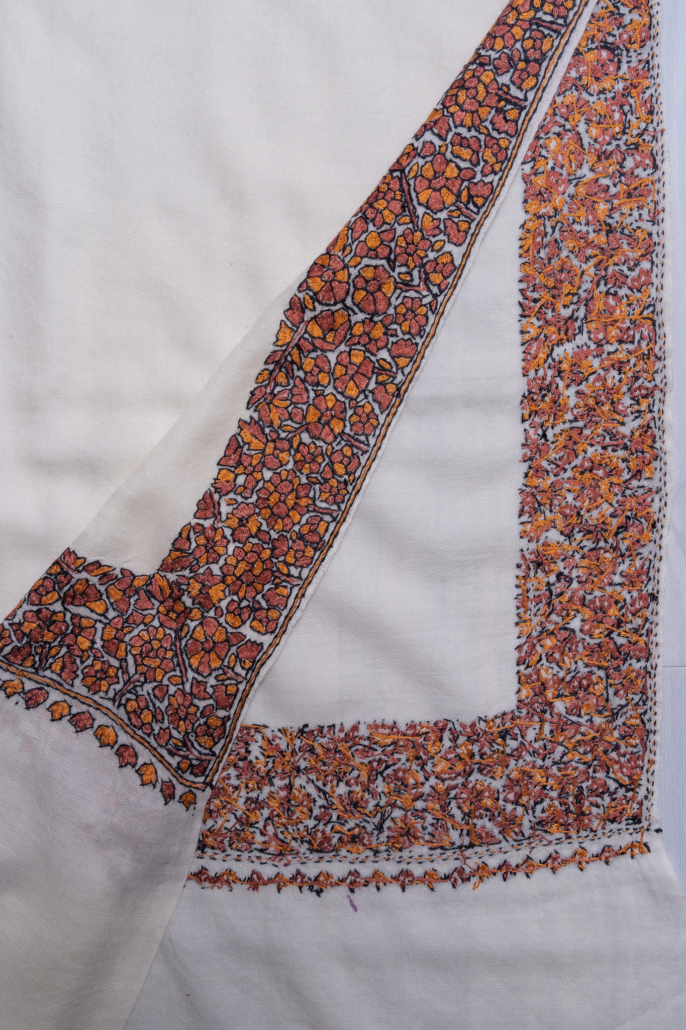 Amber Bloom Sozni Hand Embroidered Merino Wool Shawl