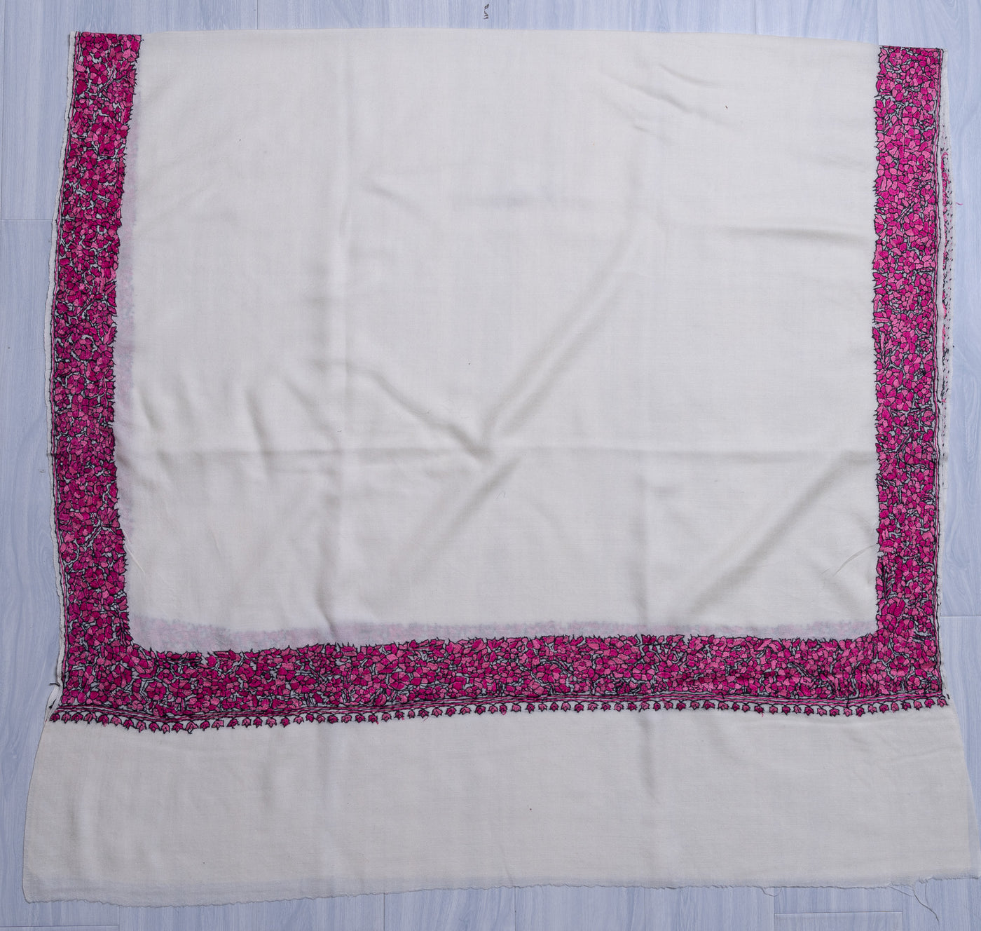 Fuchsia Crest Merino Wool Shawl with Sozni Hand Embroidered Borders