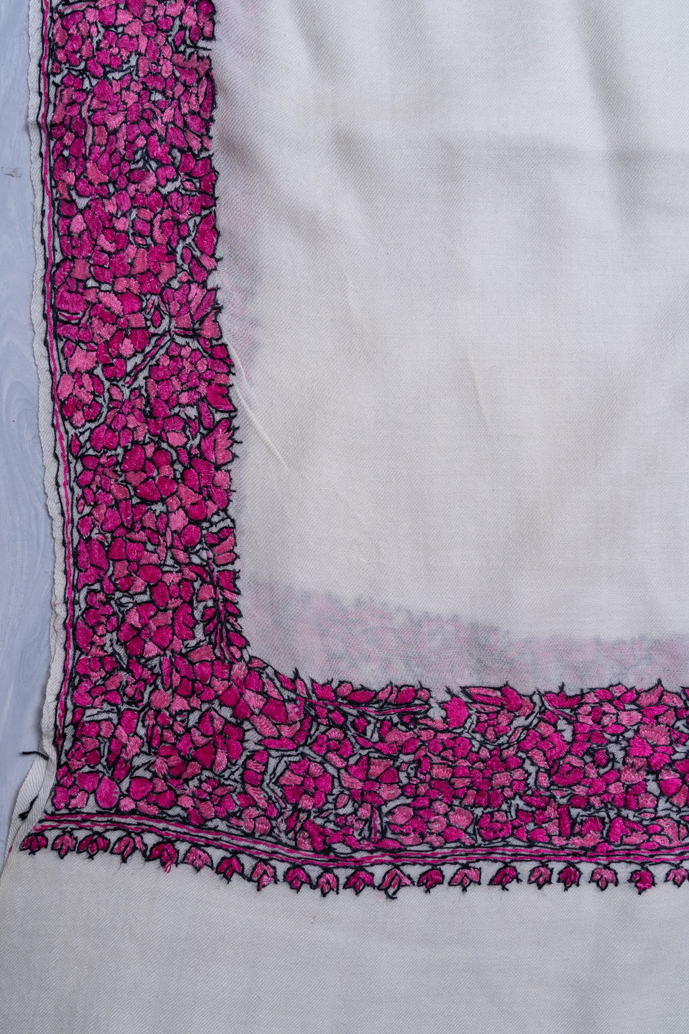 Fuchsia Crest Merino Wool Shawl with Sozni Hand Embroidered Borders