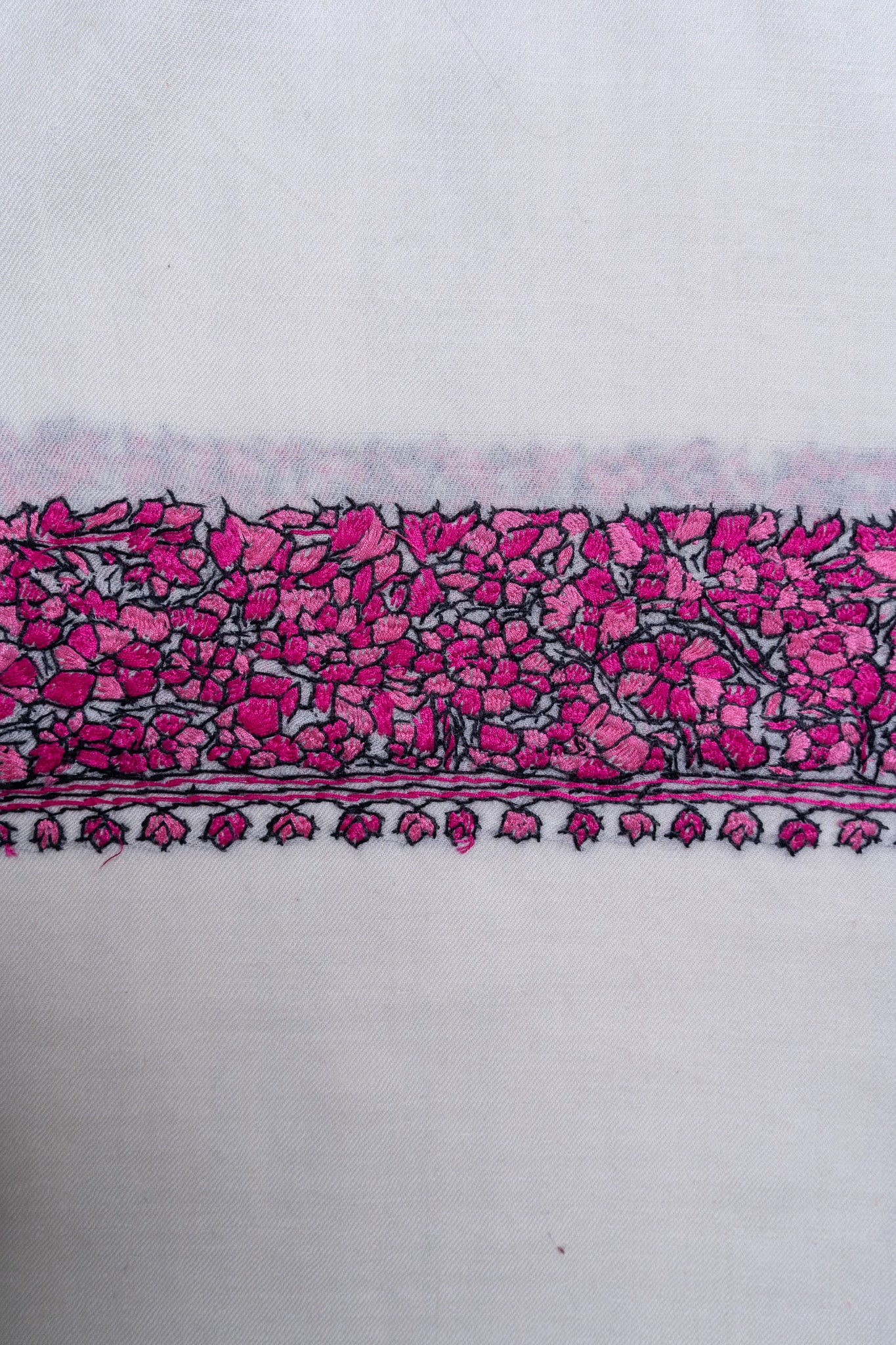 Fuchsia Crest Merino Wool Shawl with Sozni Hand Embroidered Borders