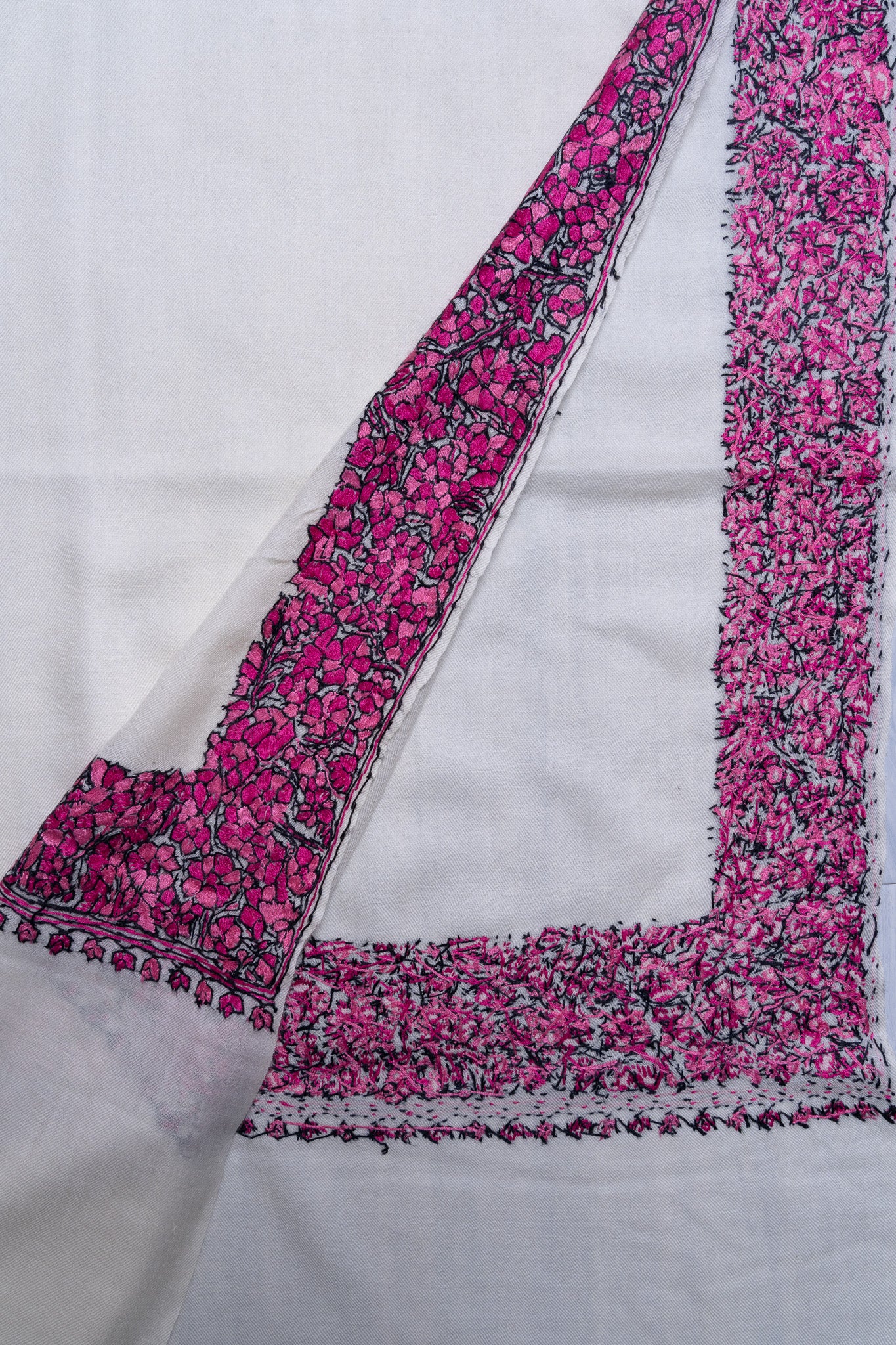 Fuchsia Crest Merino Wool Shawl with Sozni Hand Embroidered Borders
