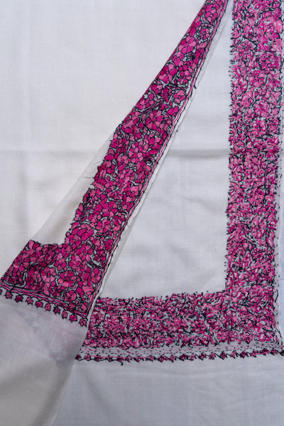 Fuchsia Crest Merino Wool Shawl with Sozni Hand Embroidered Borders
