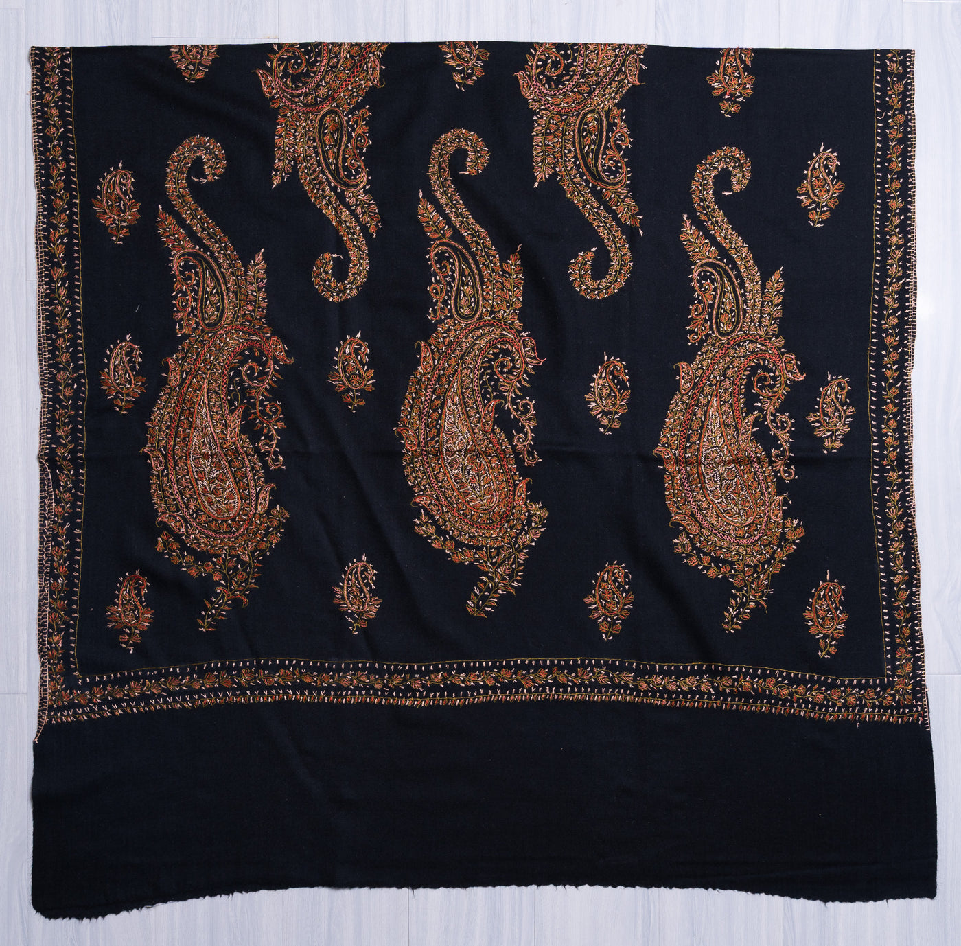 Midnight Paisley Sozni Hand Embroidered Merino Wool Shawl