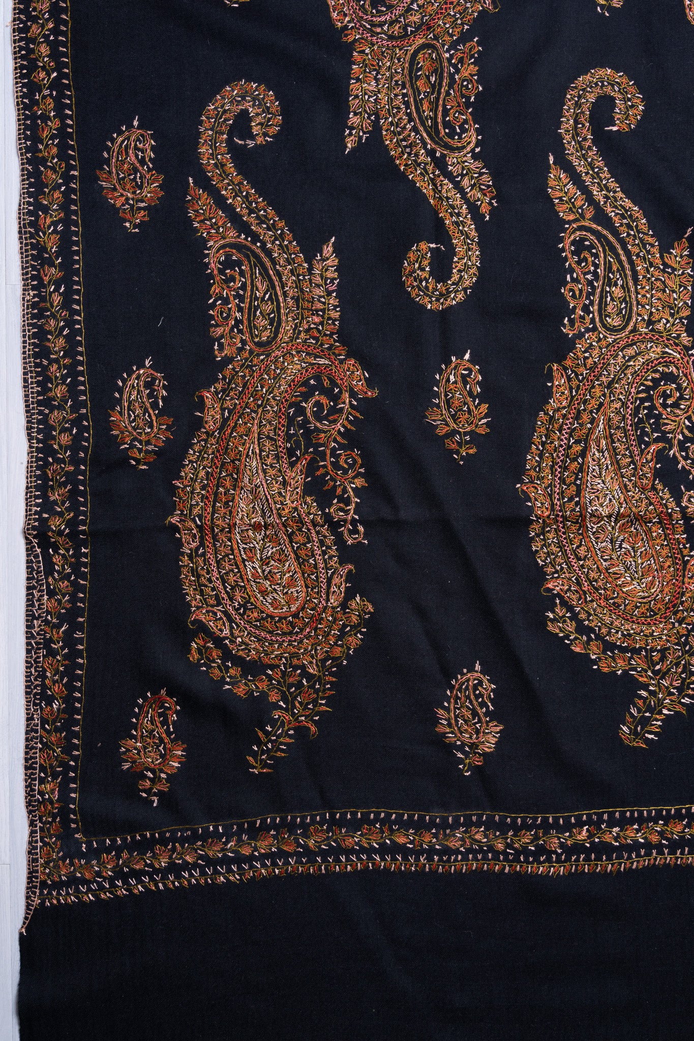 Midnight Paisley Sozni Hand Embroidered Merino Wool Shawl