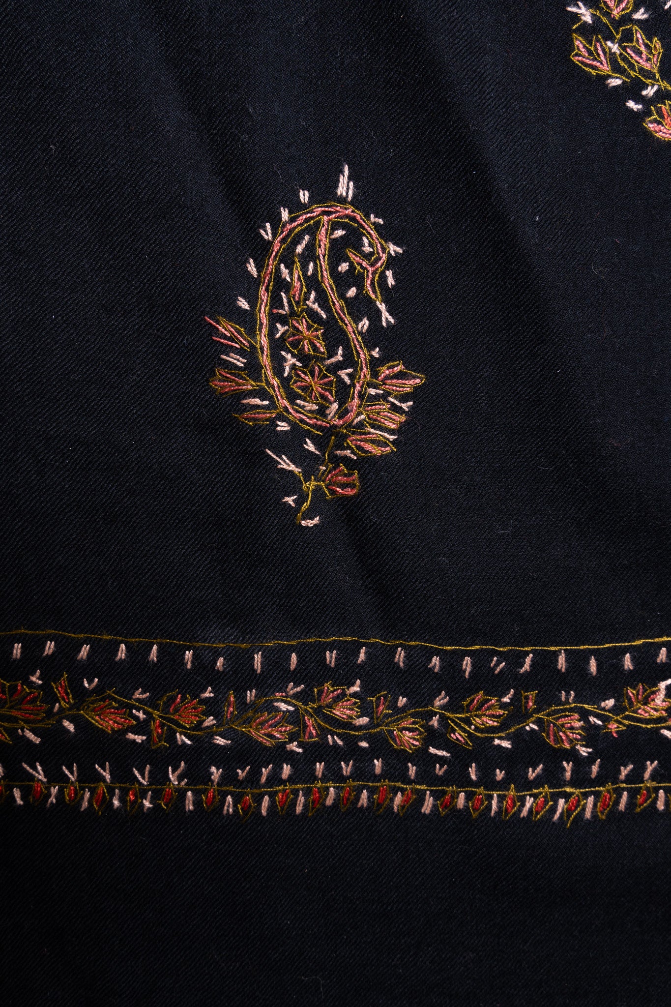 Midnight Paisley Sozni Hand Embroidered Merino Wool Shawl