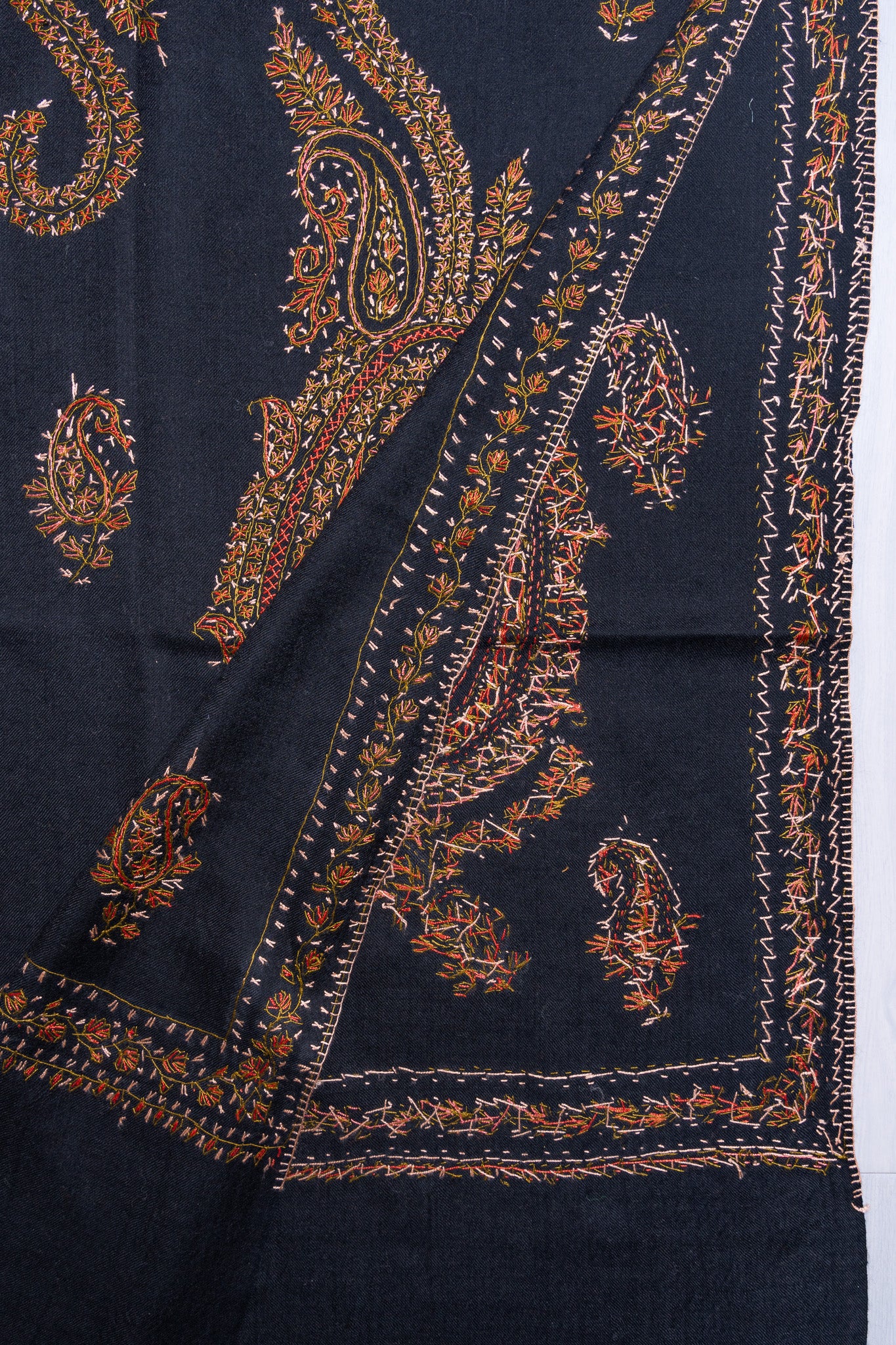 Midnight Paisley Sozni Hand Embroidered Merino Wool Shawl