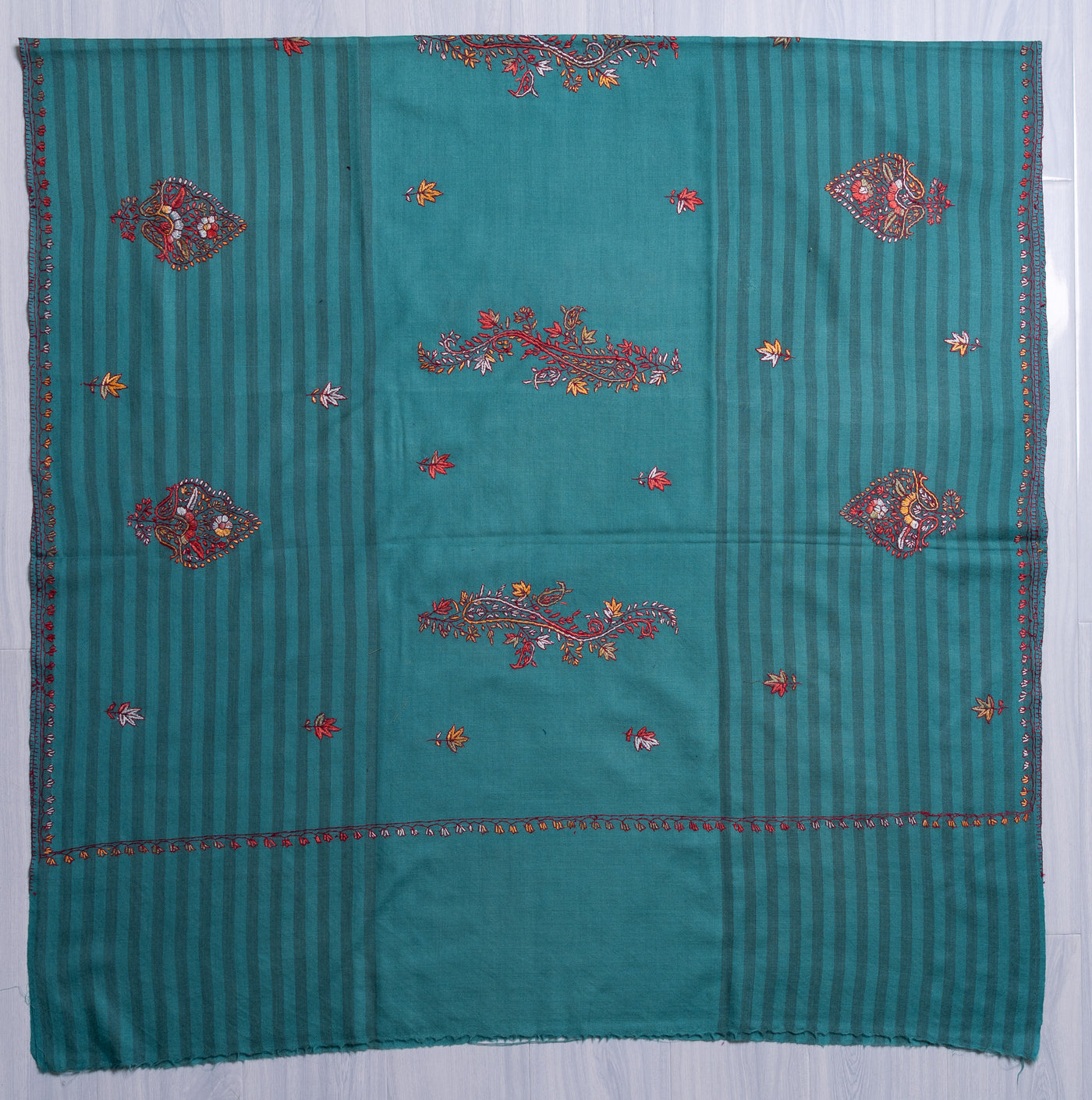 Teal Blossom Trails – Sozni Hand Embroidered Merino Wool Shawl