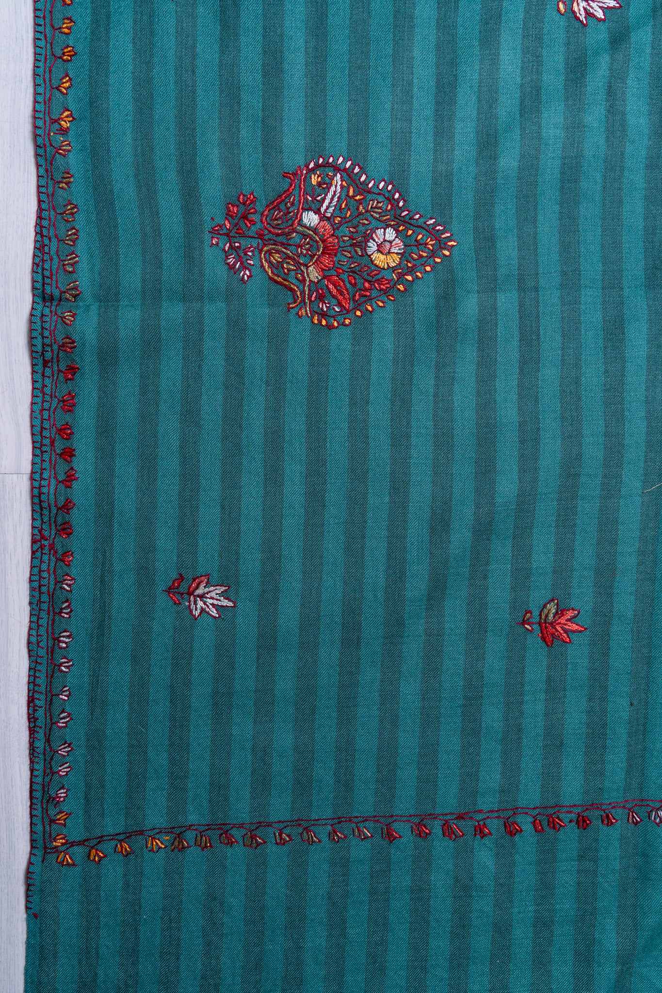 Teal Blossom Trails – Sozni Hand Embroidered Merino Wool Shawl