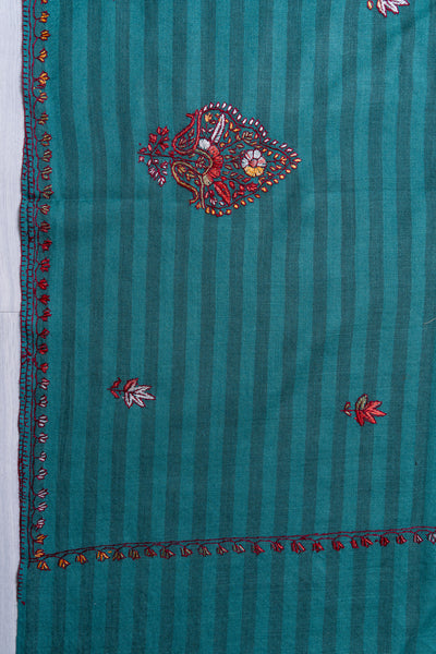 Teal Blossom Trails – Sozni Hand Embroidered Merino Wool Shawl