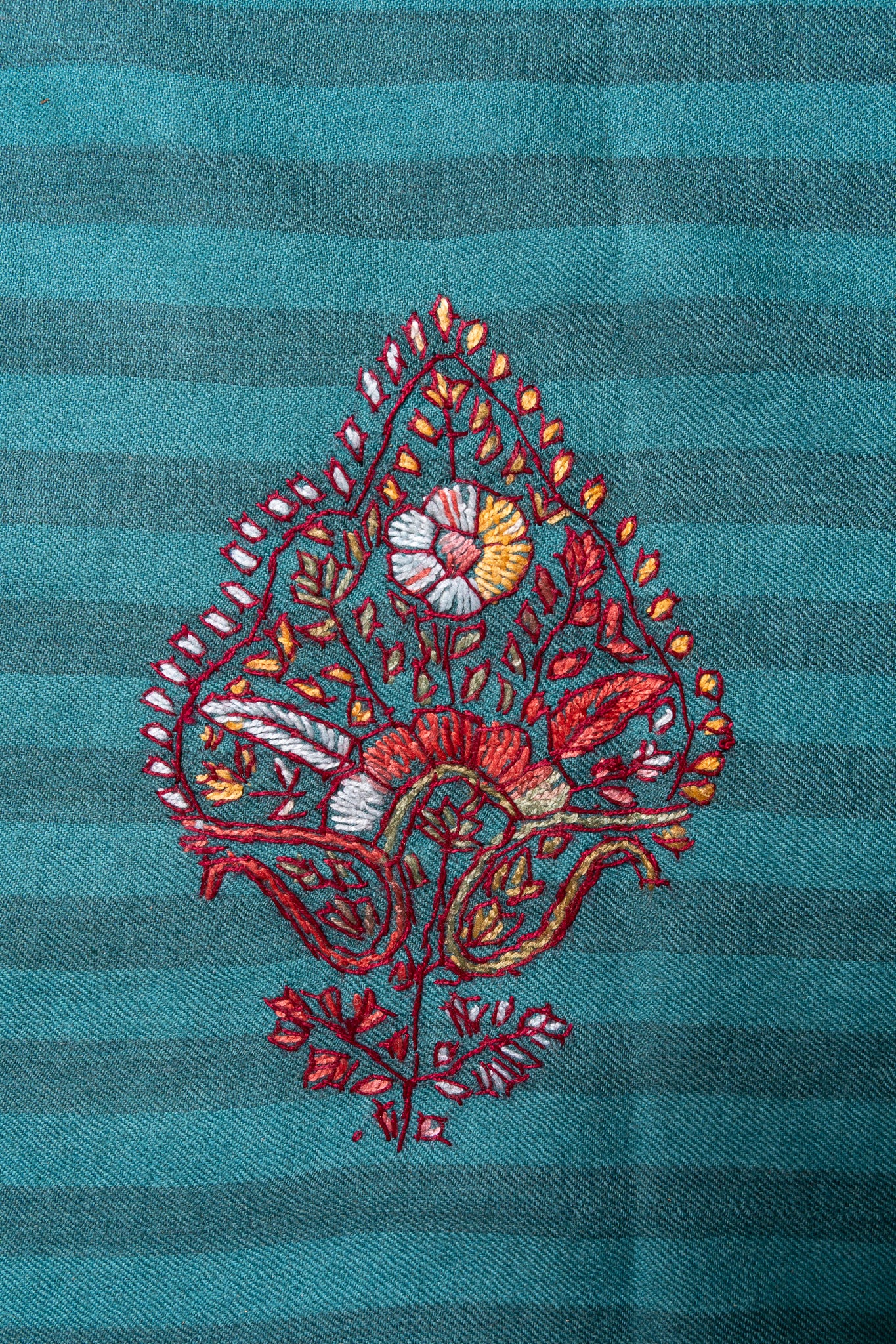 Teal Blossom Trails – Sozni Hand Embroidered Merino Wool Shawl