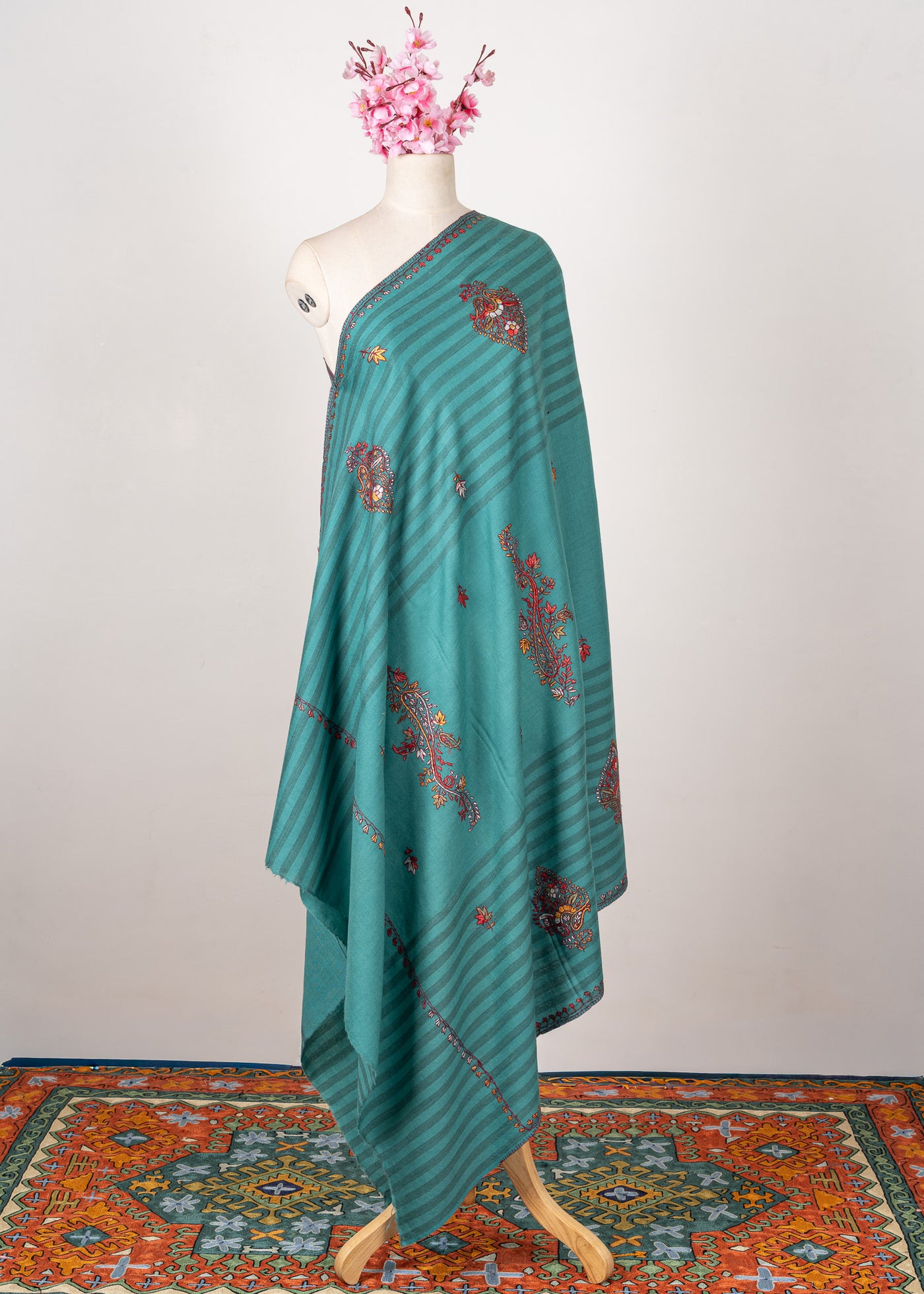 Teal Blossom Trails – Sozni Hand Embroidered Merino Wool Shawl