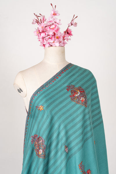Teal Blossom Trails – Sozni Hand Embroidered Merino Wool Shawl
