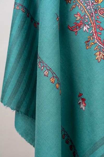 Teal Blossom Trails – Sozni Hand Embroidered Merino Wool Shawl