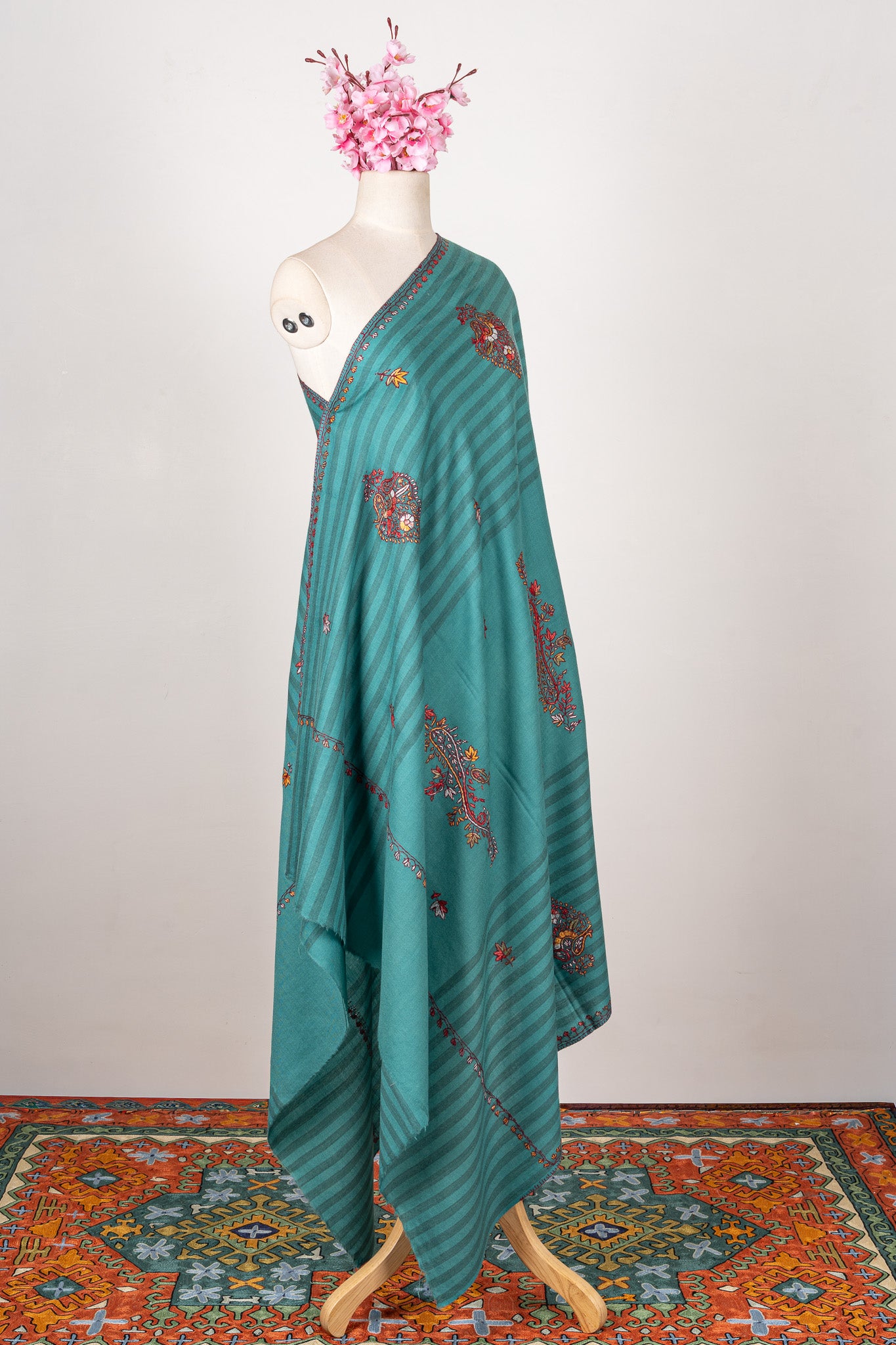 Teal Blossom Trails – Sozni Hand Embroidered Merino Wool Shawl