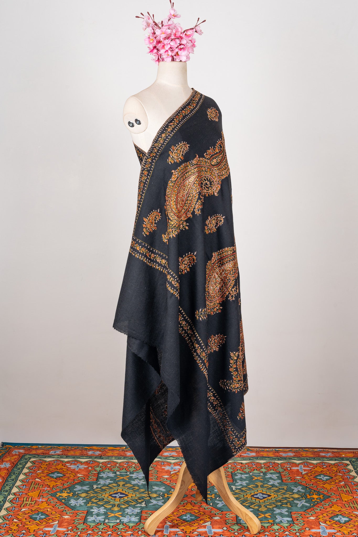 Midnight Paisley Sozni Hand Embroidered Merino Wool Shawl