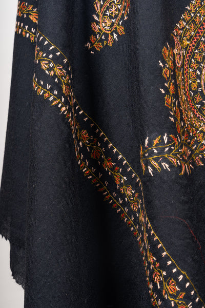 Midnight Paisley Sozni Hand Embroidered Merino Wool Shawl