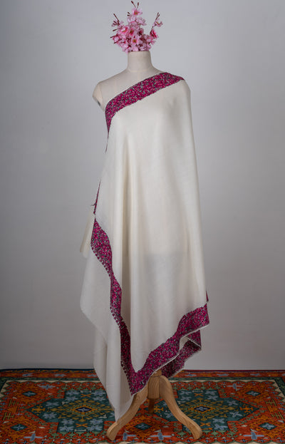 Fuchsia Crest Merino Wool Shawl with Sozni Hand Embroidered Borders
