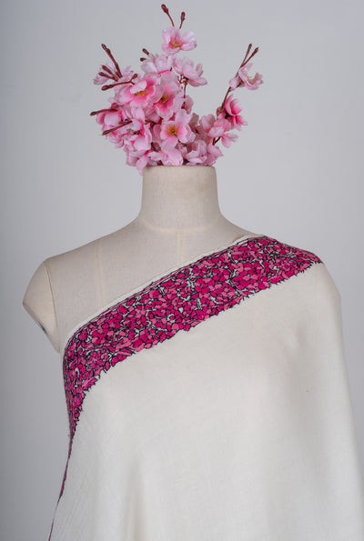 Fuchsia Crest Merino Wool Shawl with Sozni Hand Embroidered Borders