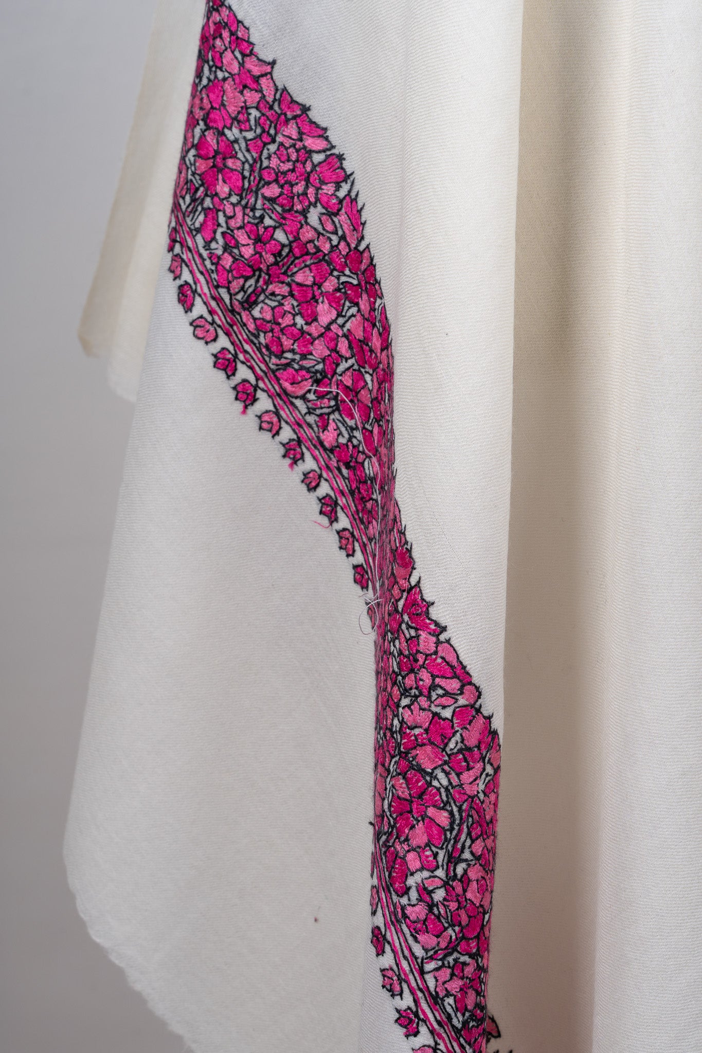 Fuchsia Crest Merino Wool Shawl with Sozni Hand Embroidered Borders