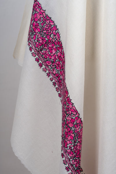 Fuchsia Crest Merino Wool Shawl with Sozni Hand Embroidered Borders