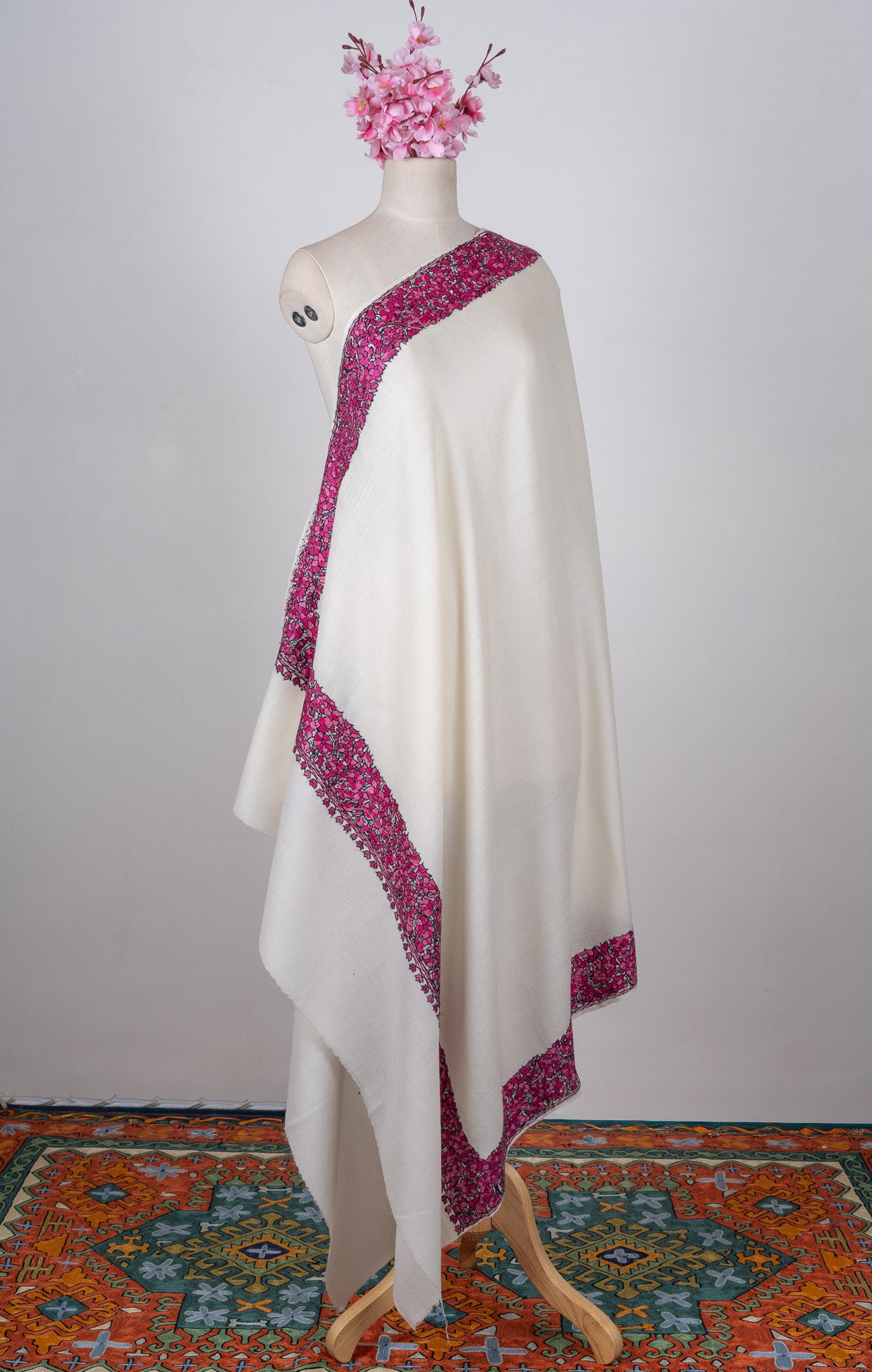 Fuchsia Crest Merino Wool Shawl with Sozni Hand Embroidered Borders