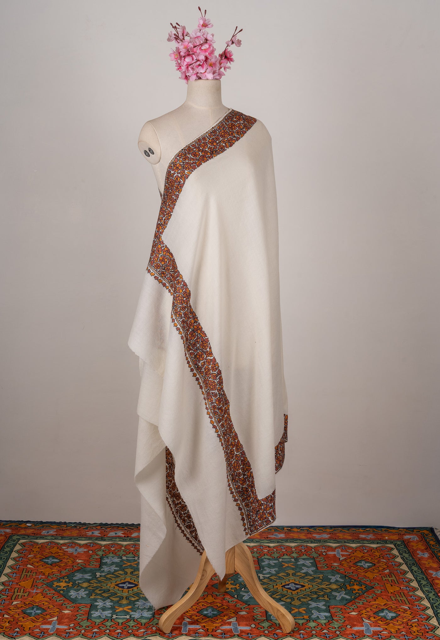 Amber Bloom Sozni Hand Embroidered Merino Wool Shawl