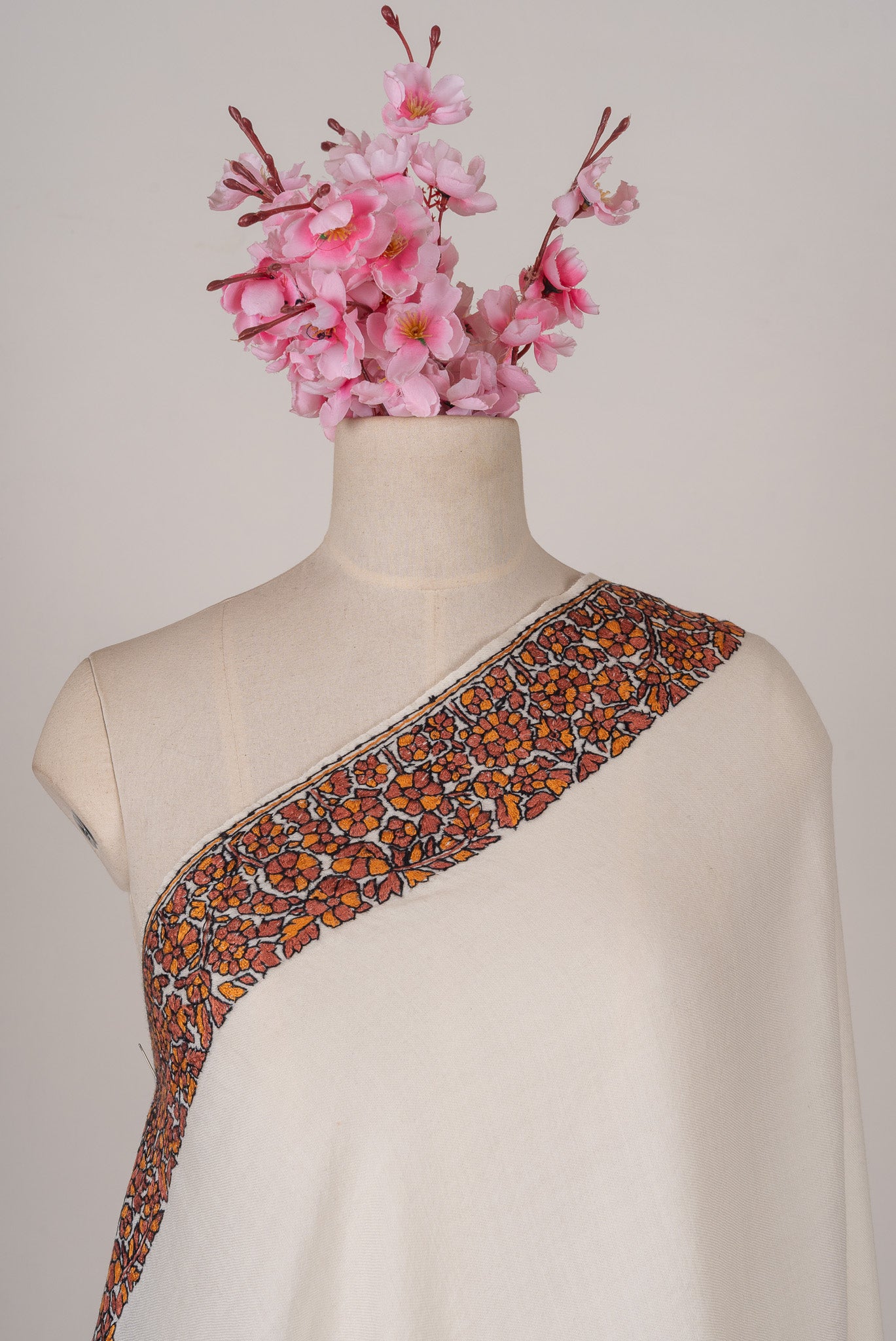 Amber Bloom Sozni Hand Embroidered Merino Wool Shawl