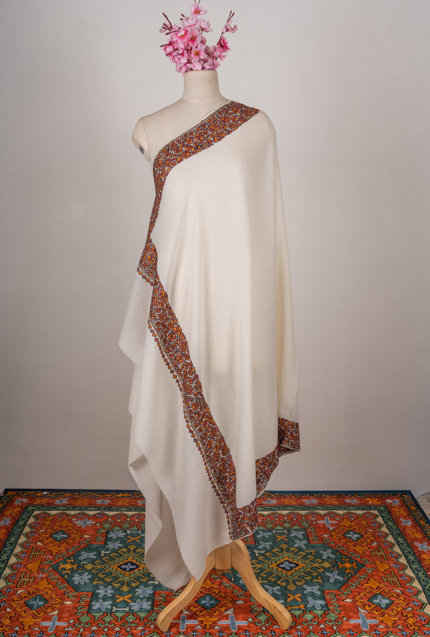 Amber Bloom Sozni Hand Embroidered Merino Wool Shawl