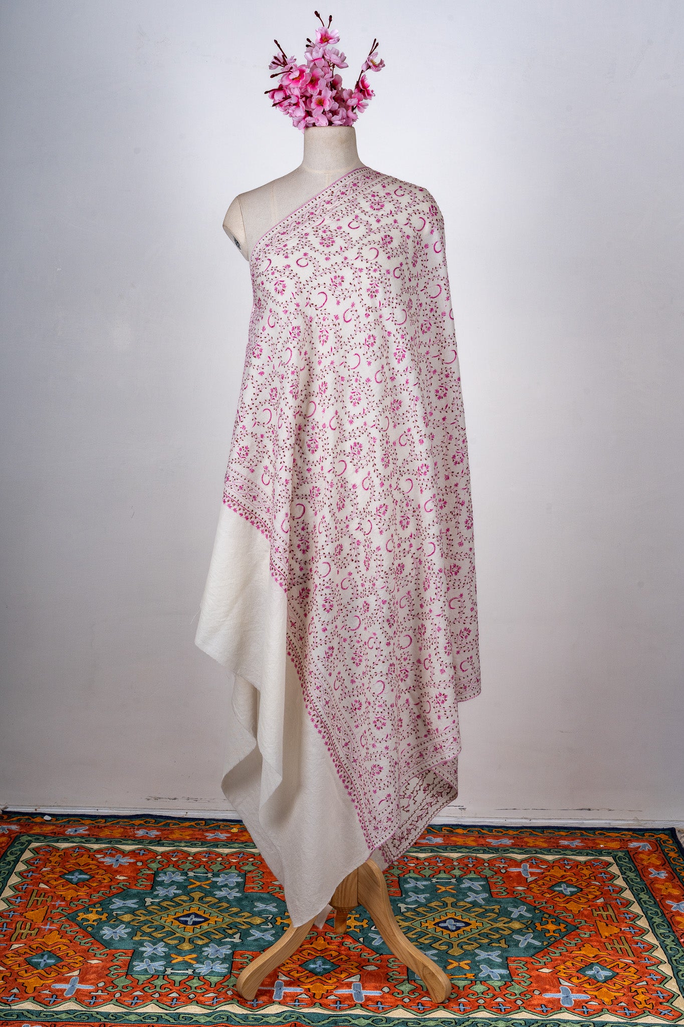 Blush Meadow Sozni Hand Embroidered Merino Wool Shawl