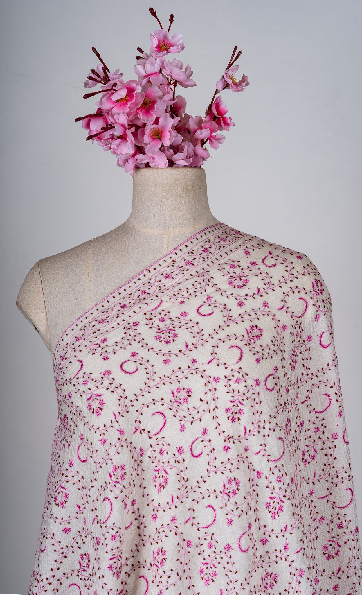 Blush Meadow Sozni Hand Embroidered Merino Wool Shawl