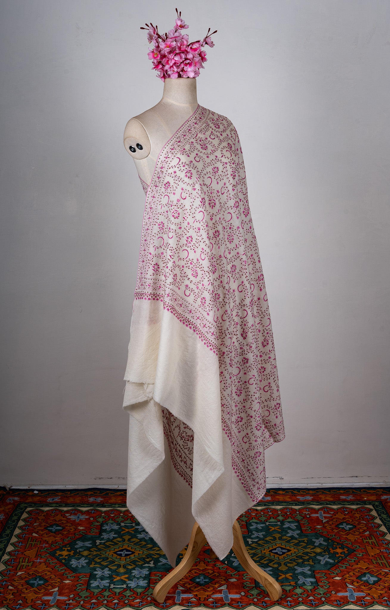 Blush Meadow Sozni Hand Embroidered Merino Wool Shawl