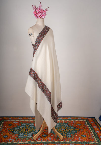 Crimson Vines Merino Wool Shawl with Sozni Hand Embroidered Detailing