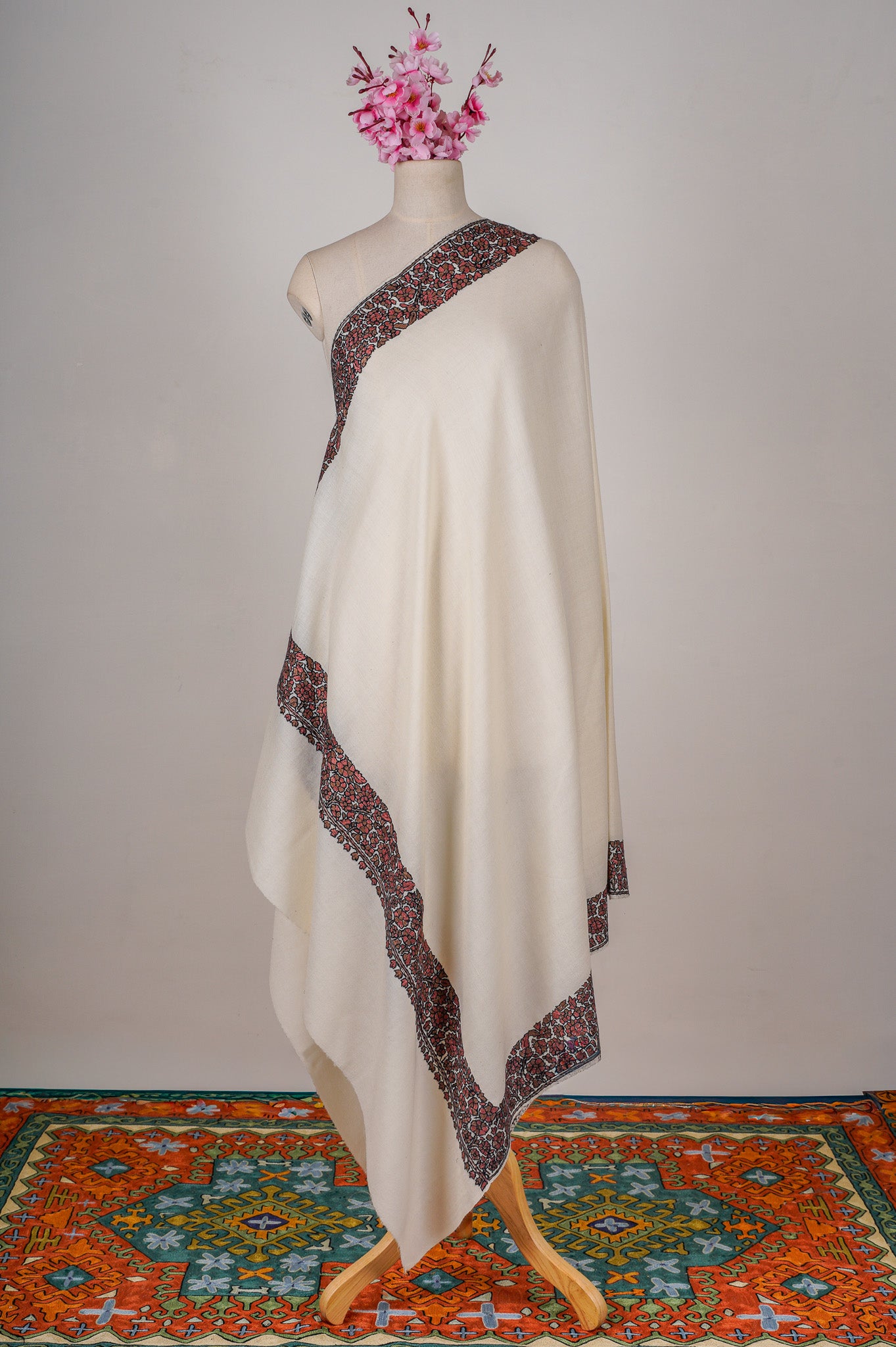 Crimson Vines Merino Wool Shawl with Sozni Hand Embroidered Detailing