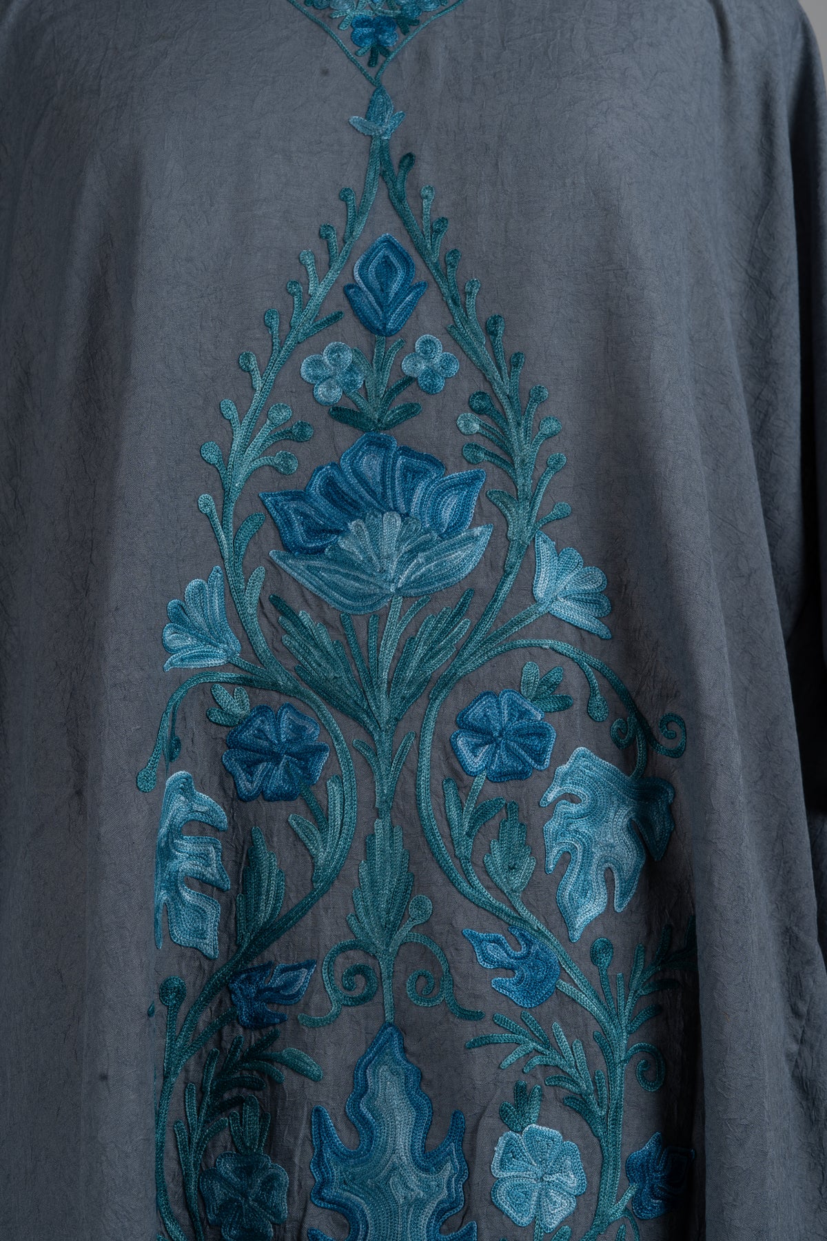 Misty Meadow Aari Embroidered Kaftans in Slate Grey