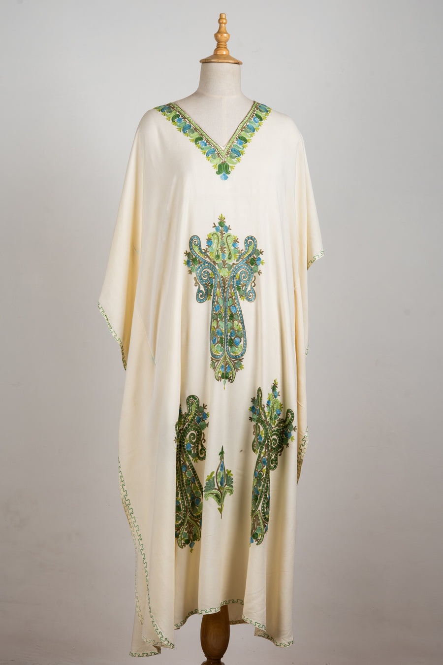 Emerald Flourish Aari Embroidered Kaftans in Ivory White