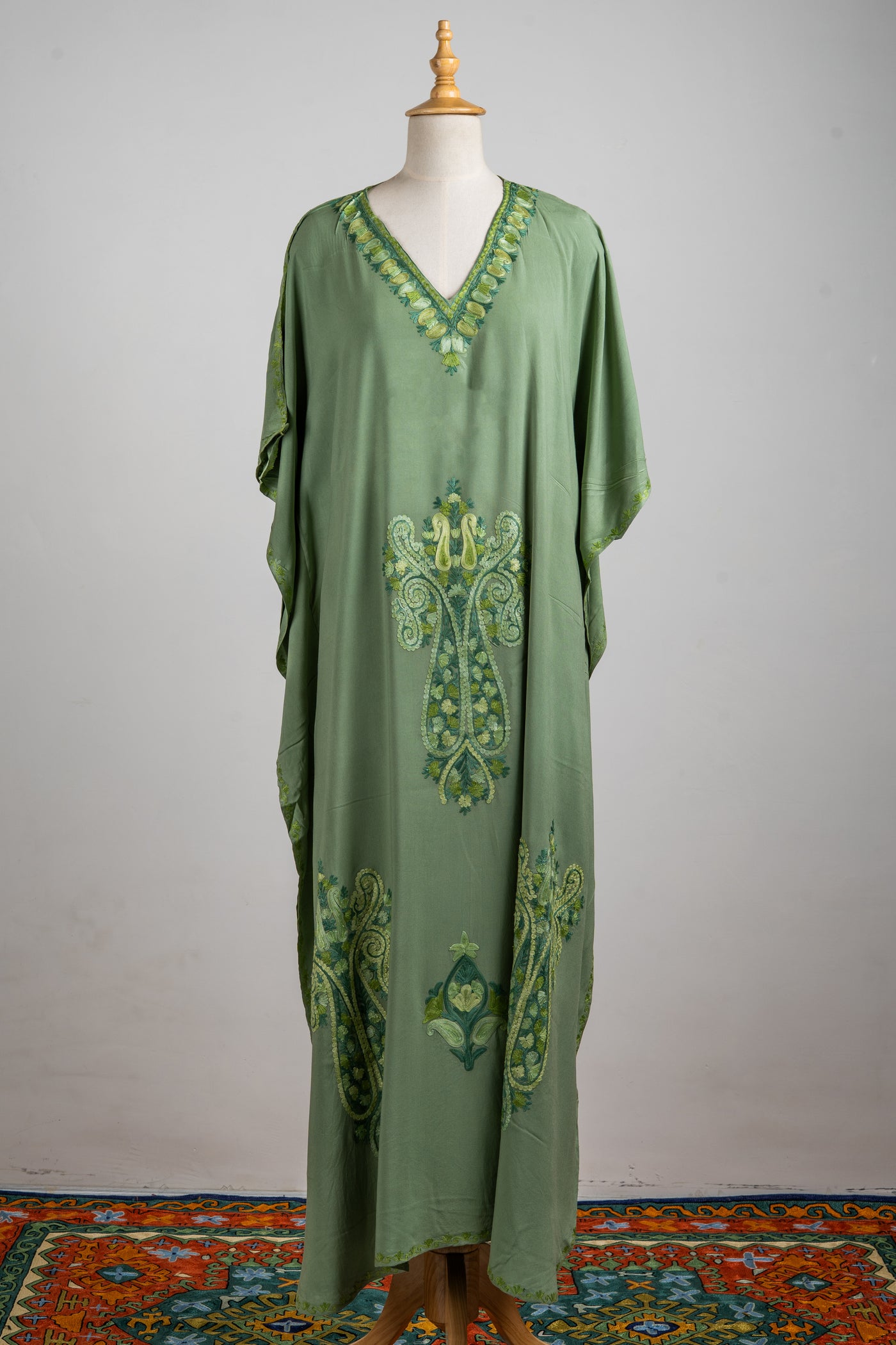 Olive Crest Aari Embroidered Kaftans with Botanical Accents