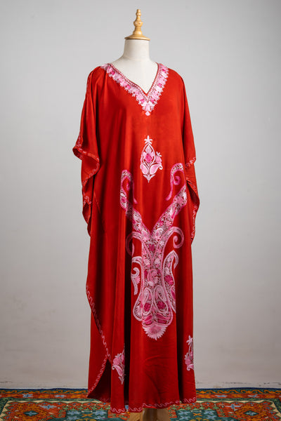 Crimson Bloom Aari Embroidered Kaftans with Pink Motifs