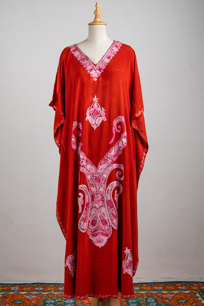 Crimson Bloom Aari Embroidered Kaftans with Pink Motifs