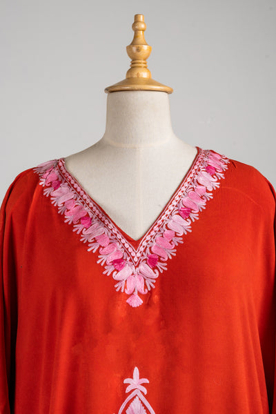 Crimson Bloom Aari Embroidered Kaftans with Pink Motifs