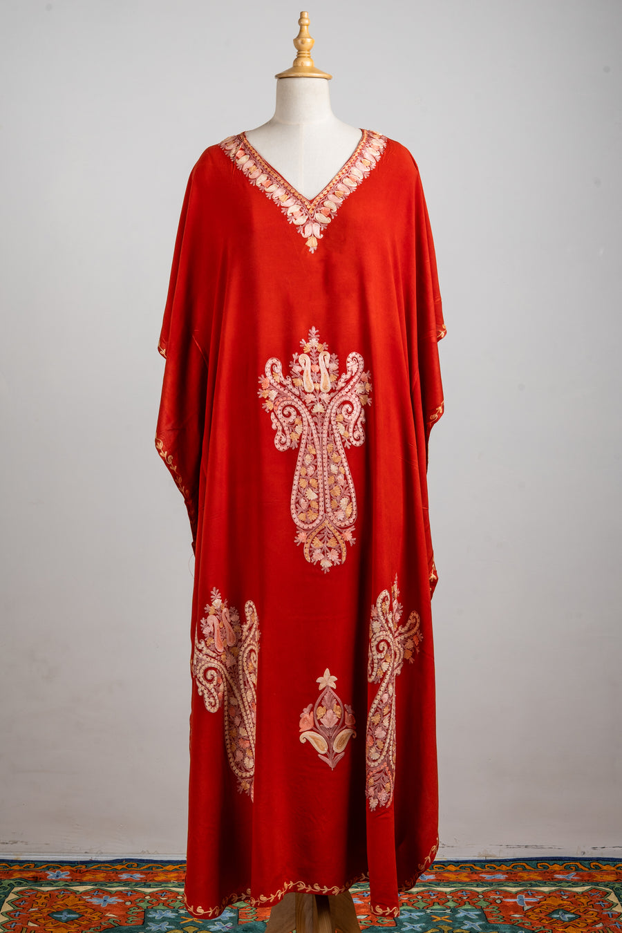 Sunset Flame Aari Embroidered Kaftans in Fiery Rust