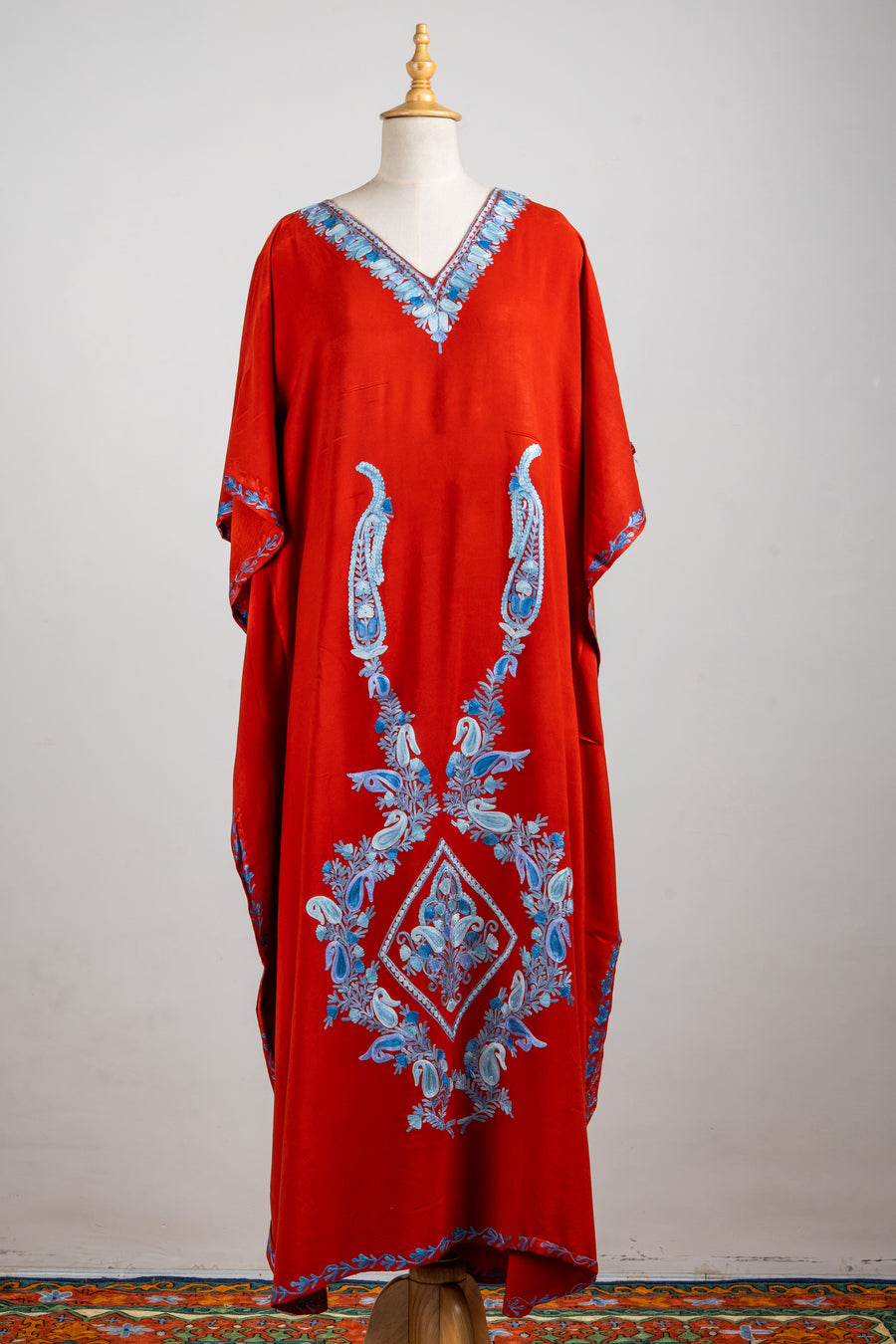 Crimson Mirage Aari Embroidered Kaftans in Red and Blue