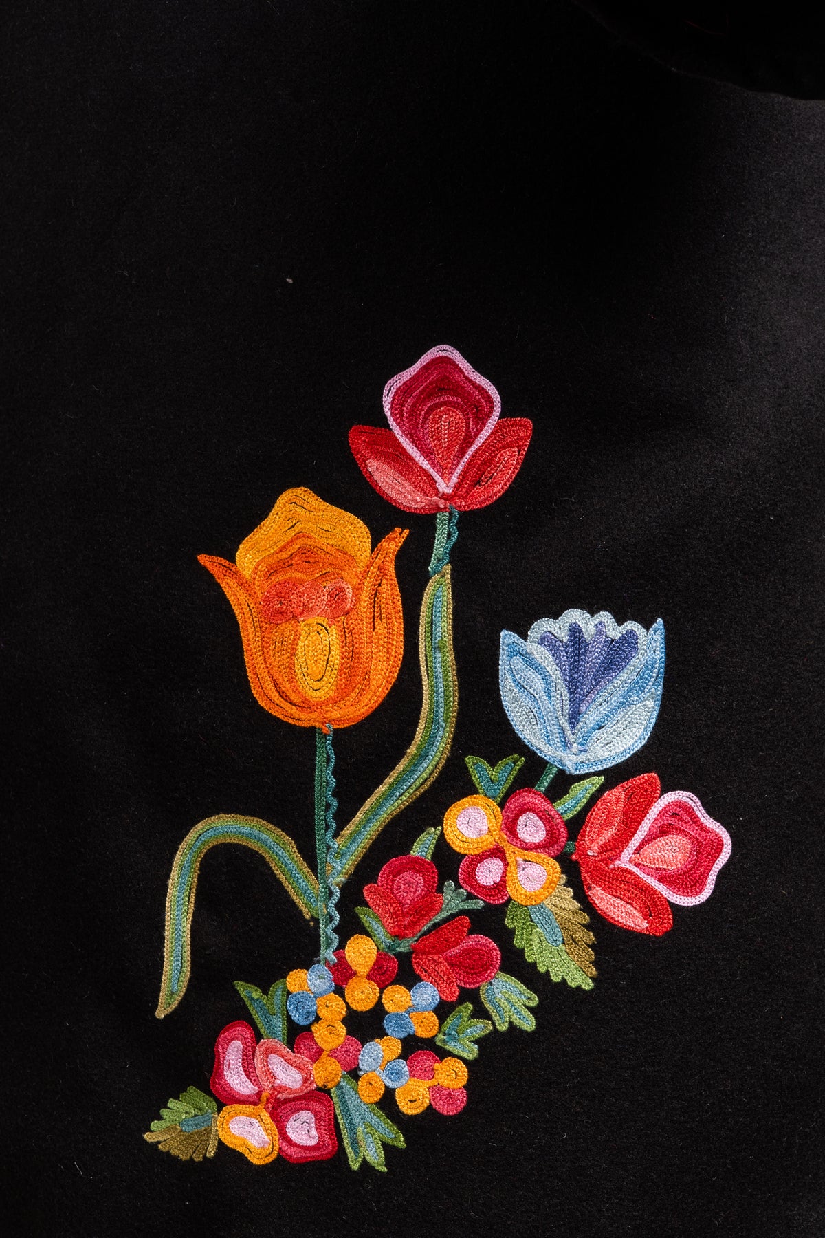 Close-up of the blazer floral motif with orange and red buds, a pale blue bloom and small colourful flowers on black fabric.